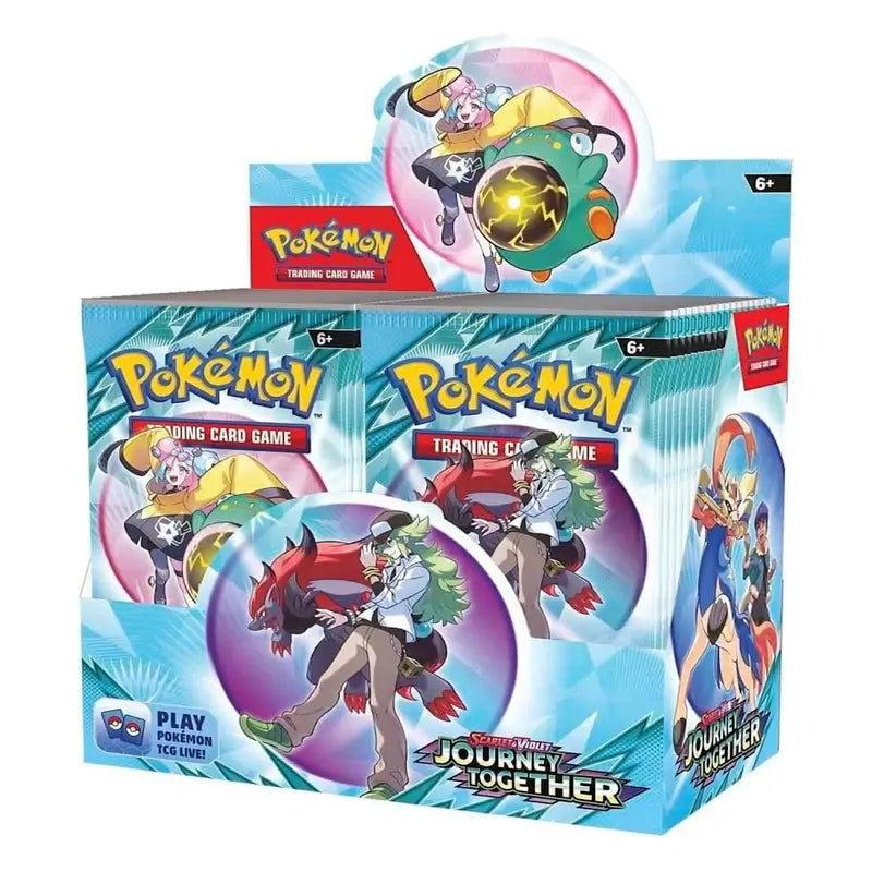 Sealed Enhanced Booster Box for Pokémon TCG Scarlet and Violet Journey Together, showing Iono, N, Lillie, and Hop's partner Pokémon on the pack art. Includes N's Reshiram promo.